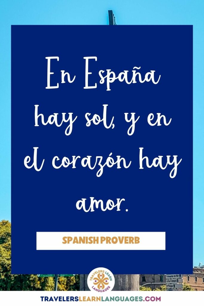 Blue background with the words "En España hay sol y en el corazón hay amor"