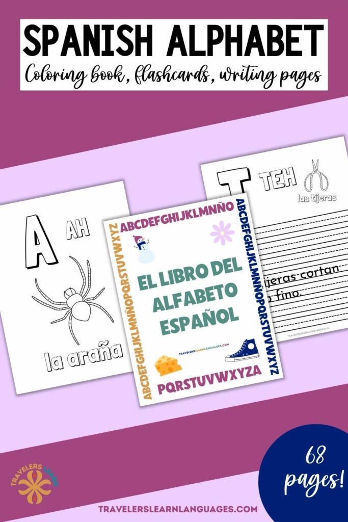 Spanish alphabet worksheets and coloring book with 3 example pages on a magenta background