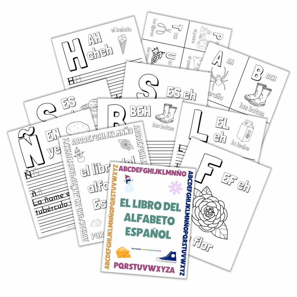 Spanish alphabet book preview with mini versions of pages from the book